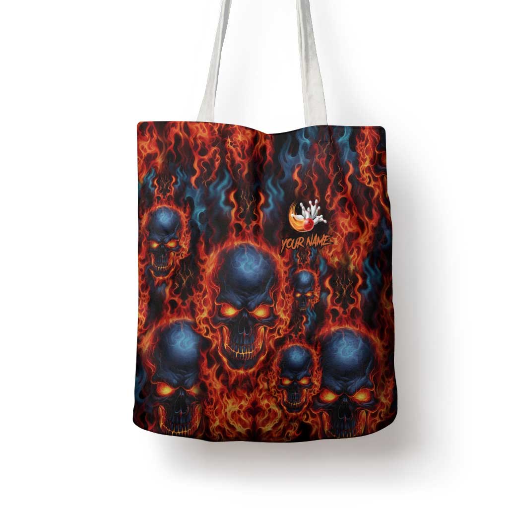 Custom Flaming Skull Bowling Tote Bag with Fiery Pins and Intense Red Blue Flame Pattern - Wonder Print Shop
