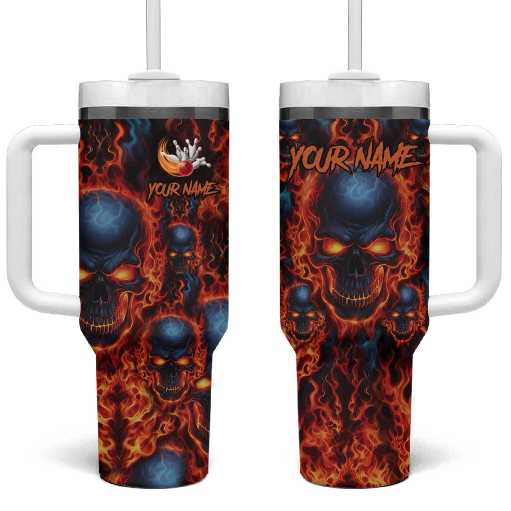 Custom Flaming Skull Bowling Tumbler With Handle with Fiery Pins and Intense Red Blue Flame Pattern - Wonder Print Shop