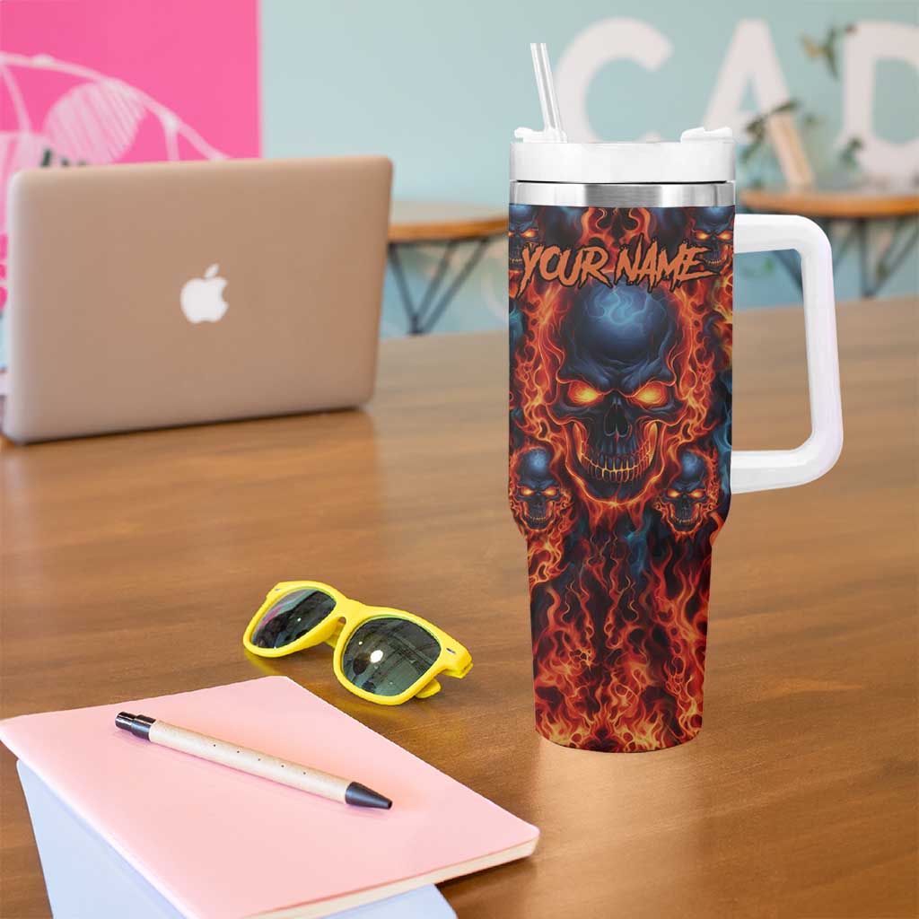Custom Flaming Skull Bowling Tumbler With Handle with Fiery Pins and Intense Red Blue Flame Pattern - Wonder Print Shop