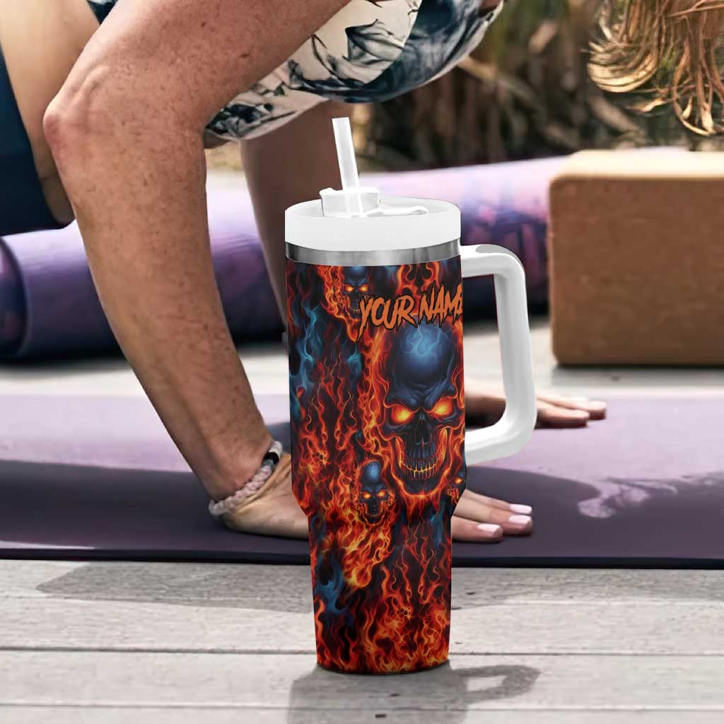 Custom Flaming Skull Bowling Tumbler With Handle with Fiery Pins and Intense Red Blue Flame Pattern - Wonder Print Shop