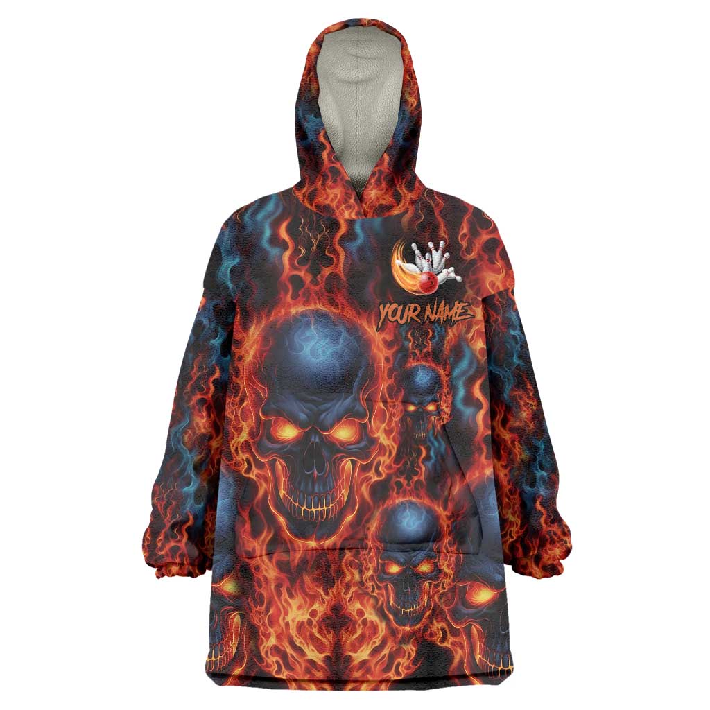 Custom Flaming Skull Bowling Wearable Blanket Hoodie with Fiery Pins and Intense Red Blue Flame Pattern - Wonder Print Shop