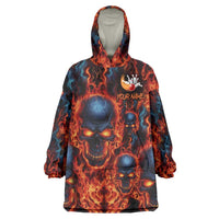 Custom Flaming Skull Bowling Wearable Blanket Hoodie with Fiery Pins and Intense Red Blue Flame Pattern - Wonder Print Shop
