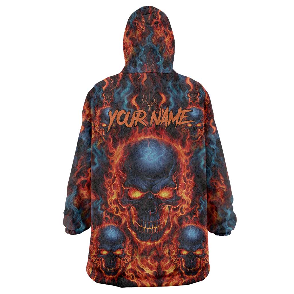 Custom Flaming Skull Bowling Wearable Blanket Hoodie with Fiery Pins and Intense Red Blue Flame Pattern - Wonder Print Shop