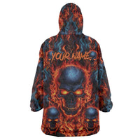 Custom Flaming Skull Bowling Wearable Blanket Hoodie with Fiery Pins and Intense Red Blue Flame Pattern - Wonder Print Shop
