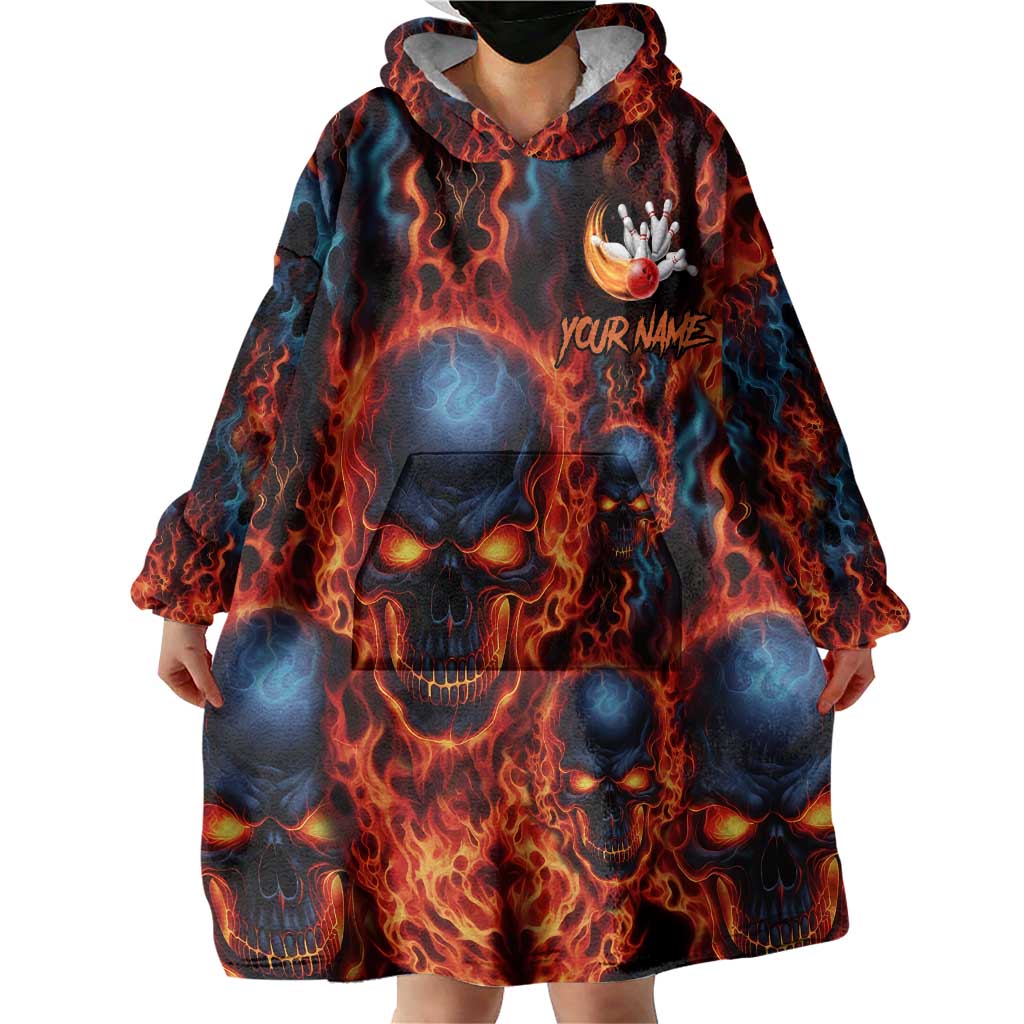 Custom Flaming Skull Bowling Wearable Blanket Hoodie with Fiery Pins and Intense Red Blue Flame Pattern - Wonder Print Shop