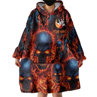 Custom Flaming Skull Bowling Wearable Blanket Hoodie with Fiery Pins and Intense Red Blue Flame Pattern - Wonder Print Shop