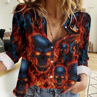 Custom Flaming Skull Bowling Women Casual Shirt with Fiery Pins and Intense Red Blue Flame Pattern - Wonder Print Shop