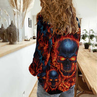 Custom Flaming Skull Bowling Women Casual Shirt with Fiery Pins and Intense Red Blue Flame Pattern - Wonder Print Shop