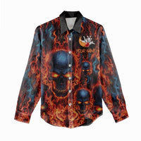 Custom Flaming Skull Bowling Women Casual Shirt with Fiery Pins and Intense Red Blue Flame Pattern - Wonder Print Shop