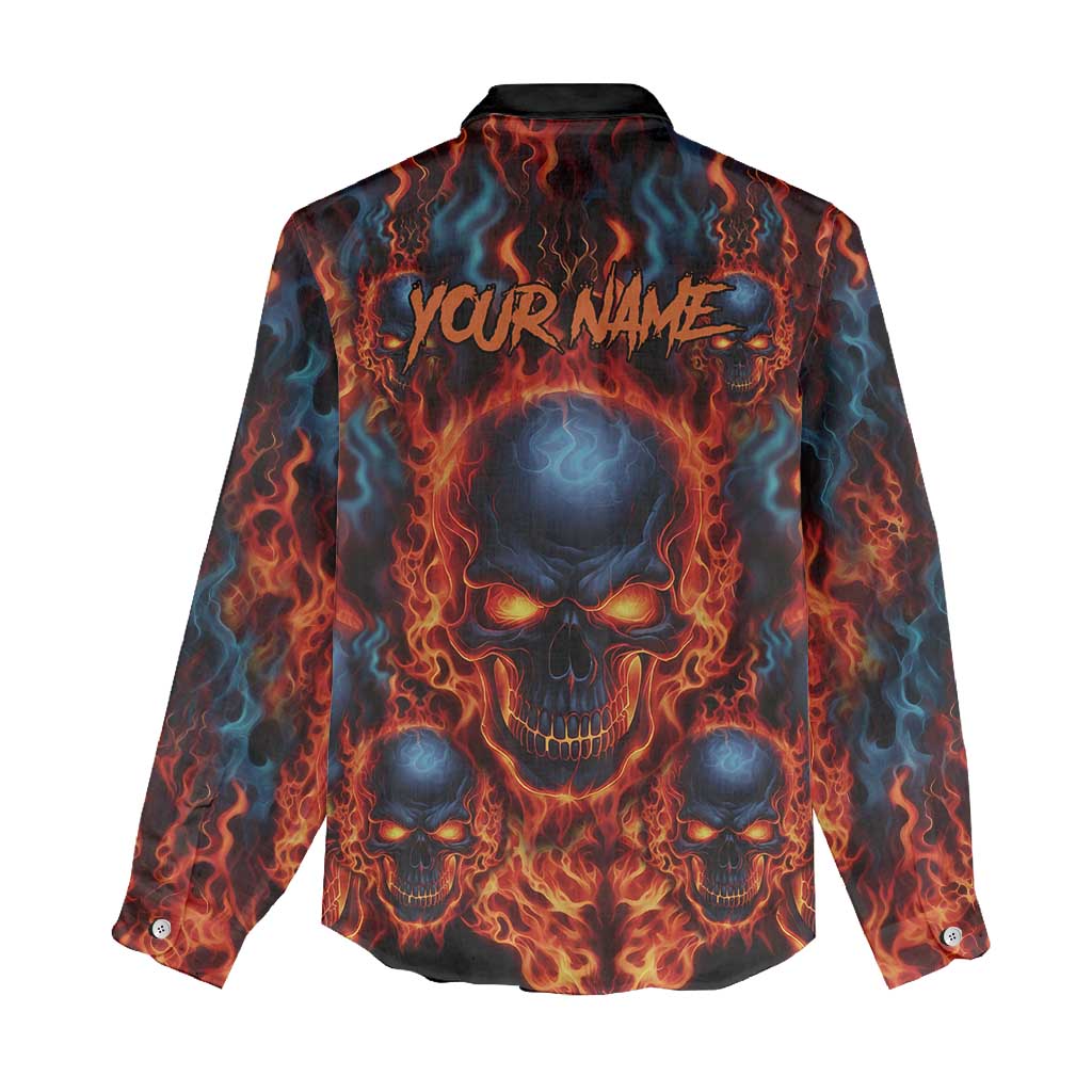 Custom Flaming Skull Bowling Women Casual Shirt with Fiery Pins and Intense Red Blue Flame Pattern - Wonder Print Shop