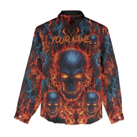 Custom Flaming Skull Bowling Women Casual Shirt with Fiery Pins and Intense Red Blue Flame Pattern - Wonder Print Shop