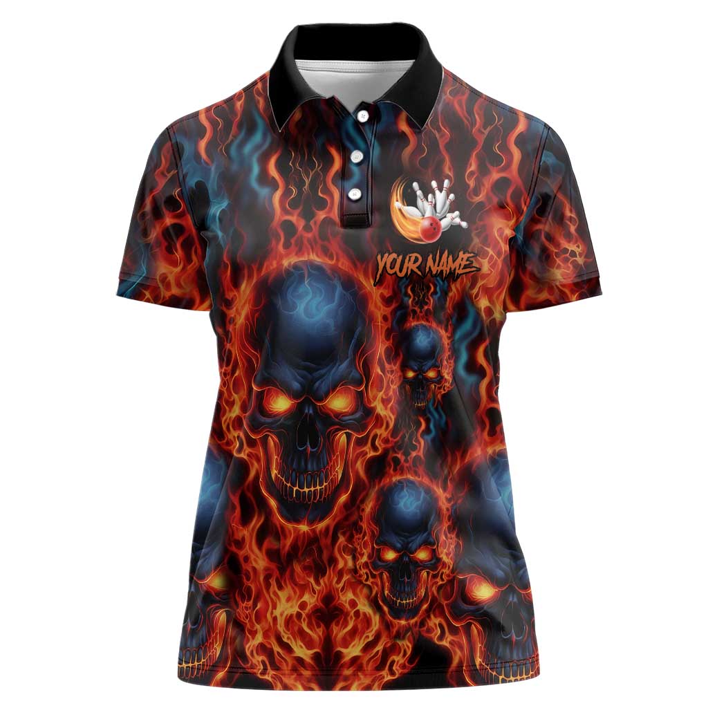 Custom Flaming Skull Bowling Women Polo Shirt with Fiery Pins and Intense Red Blue Flame Pattern - Wonder Print Shop