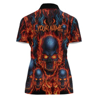 Custom Flaming Skull Bowling Women Polo Shirt with Fiery Pins and Intense Red Blue Flame Pattern - Wonder Print Shop