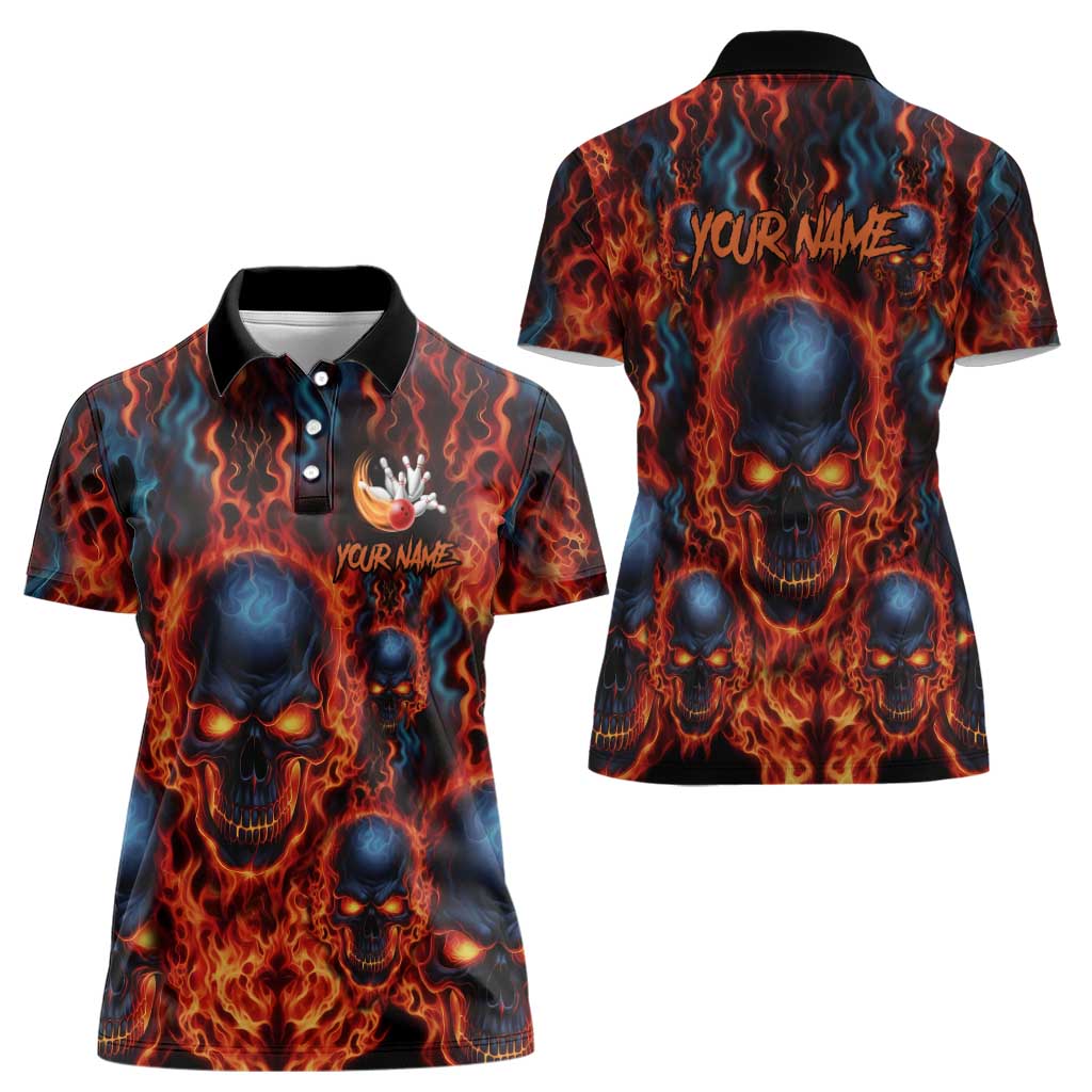 Custom Flaming Skull Bowling Women Polo Shirt with Fiery Pins and Intense Red Blue Flame Pattern - Wonder Print Shop