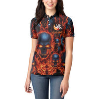 Custom Flaming Skull Bowling Women Polo Shirt with Fiery Pins and Intense Red Blue Flame Pattern - Wonder Print Shop