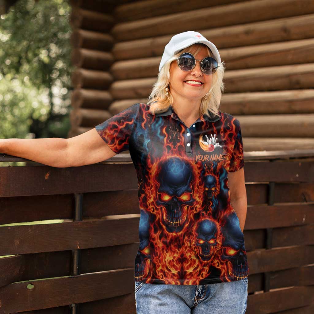 Custom Flaming Skull Bowling Women Polo Shirt with Fiery Pins and Intense Red Blue Flame Pattern - Wonder Print Shop