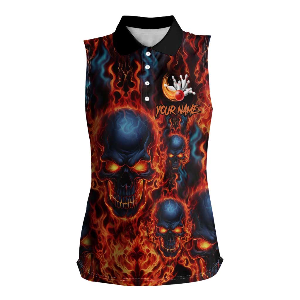 Custom Flaming Skull Bowling Women Sleeveless Polo Shirt with Fiery Pins and Intense Red Blue Flame Pattern - Wonder Print Shop