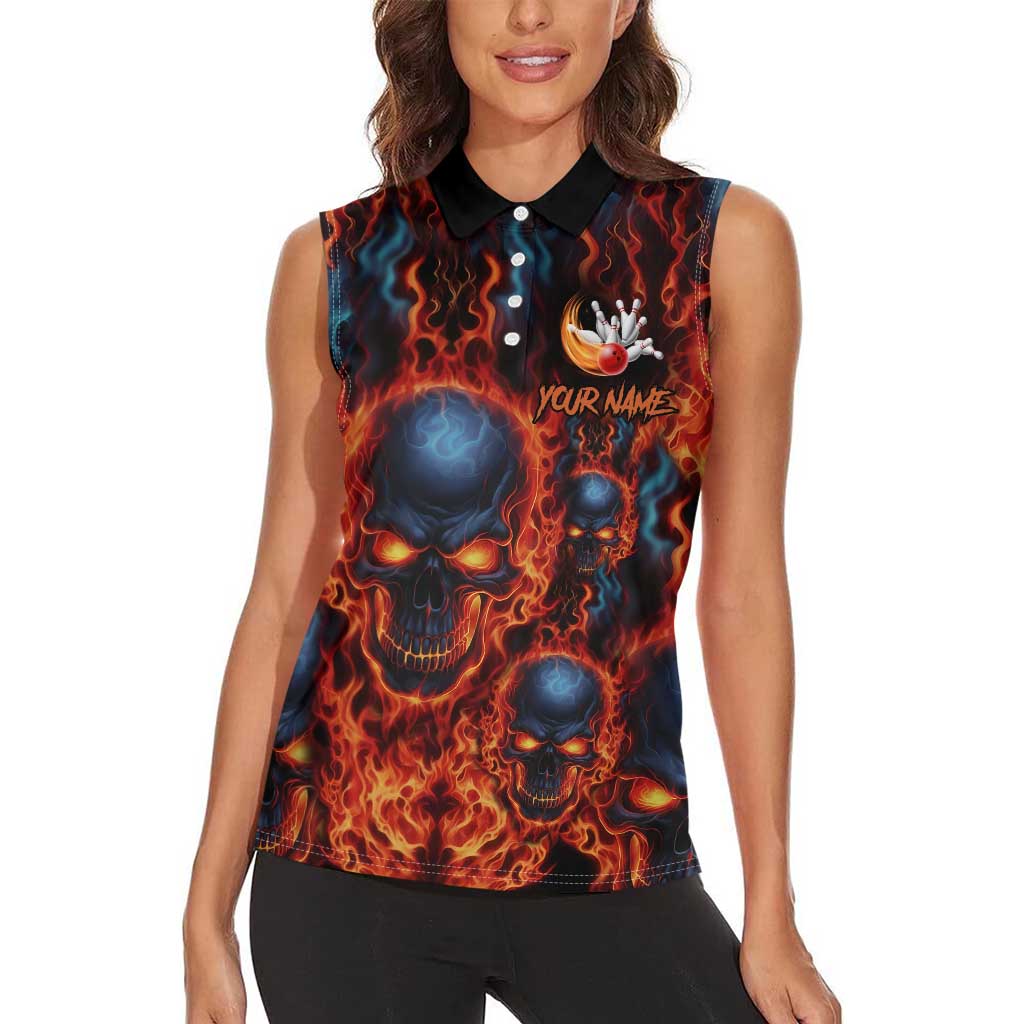 Custom Flaming Skull Bowling Women Sleeveless Polo Shirt with Fiery Pins and Intense Red Blue Flame Pattern - Wonder Print Shop