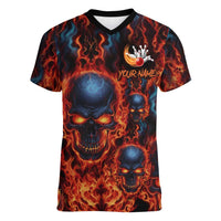 Custom Flaming Skull Bowling Women V-Neck T-Shirt with Fiery Pins and Intense Red Blue Flame Pattern - Wonder Print Shop