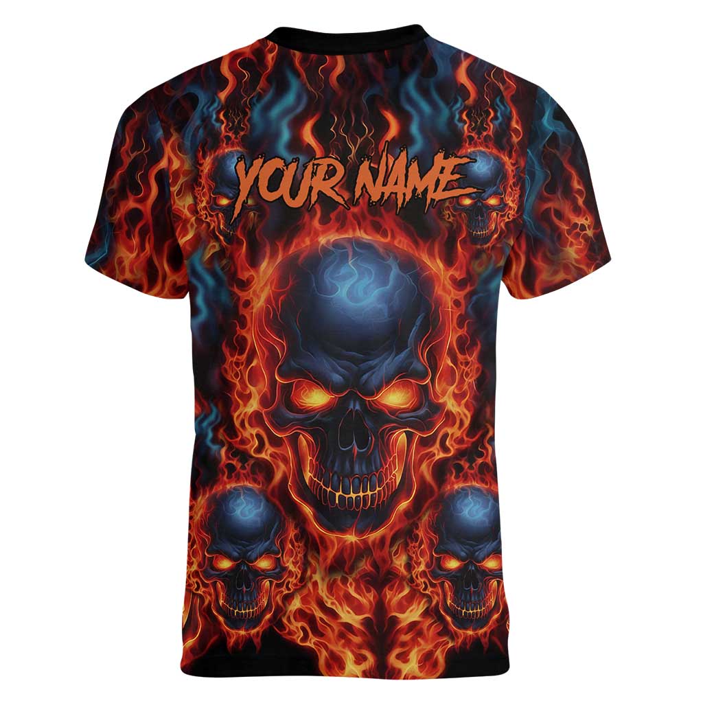 Custom Flaming Skull Bowling Women V-Neck T-Shirt with Fiery Pins and Intense Red Blue Flame Pattern - Wonder Print Shop