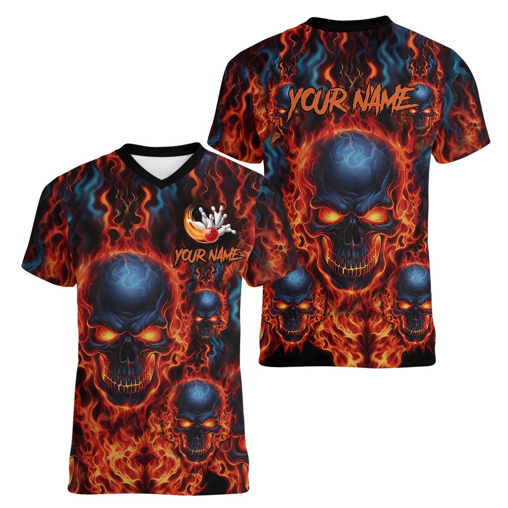 Custom Flaming Skull Bowling Women V-Neck T-Shirt with Fiery Pins and Intense Red Blue Flame Pattern - Wonder Print Shop