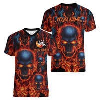 Custom Flaming Skull Bowling Women V-Neck T-Shirt with Fiery Pins and Intense Red Blue Flame Pattern - Wonder Print Shop