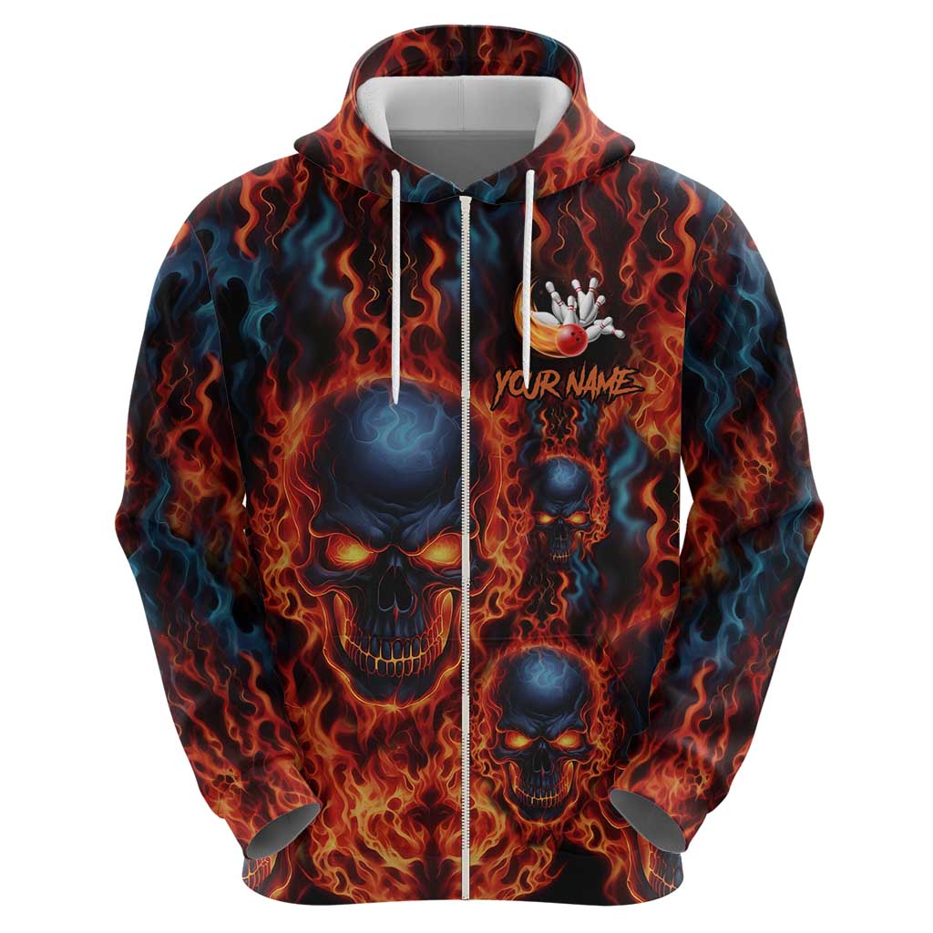 Custom Flaming Skull Bowling Zip Hoodie with Fiery Pins and Intense Red Blue Flame Pattern - Wonder Print Shop