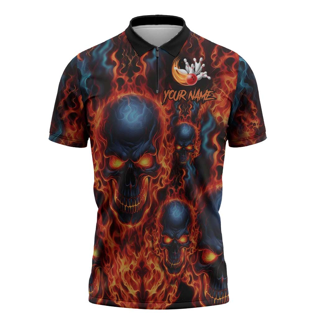 Custom Flaming Skull Bowling Zipper Polo Shirt with Fiery Pins and Intense Red Blue Flame Pattern - Wonder Print Shop