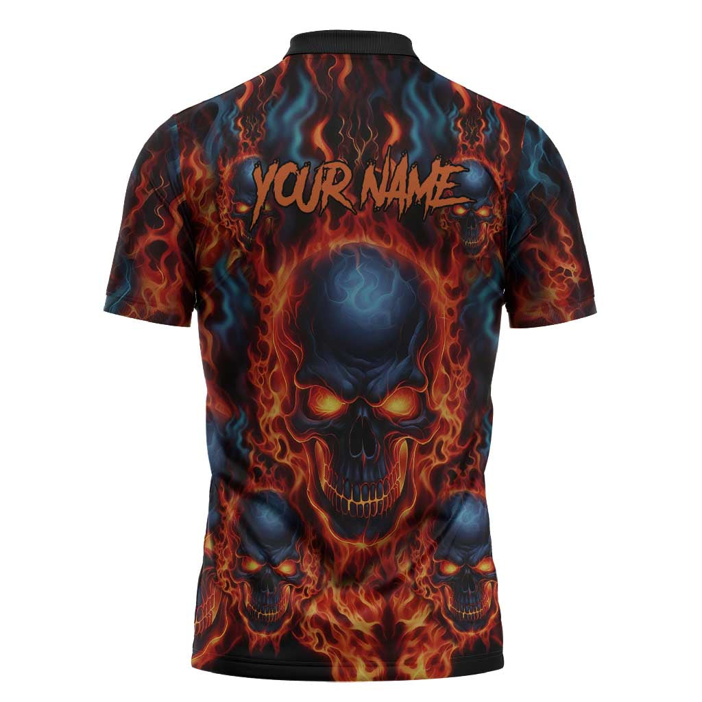 Custom Flaming Skull Bowling Zipper Polo Shirt with Fiery Pins and Intense Red Blue Flame Pattern - Wonder Print Shop