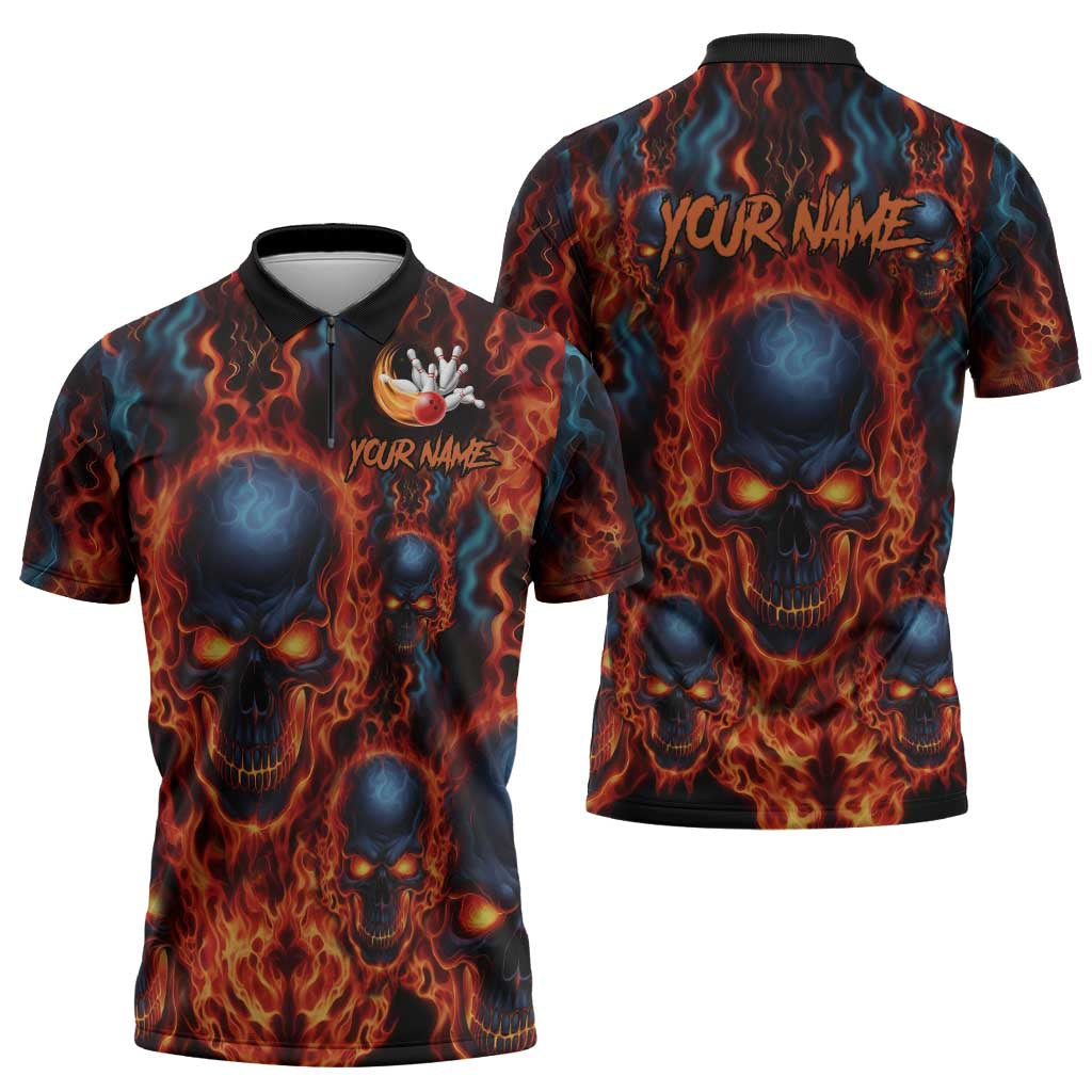 Custom Flaming Skull Bowling Zipper Polo Shirt with Fiery Pins and Intense Red Blue Flame Pattern - Wonder Print Shop