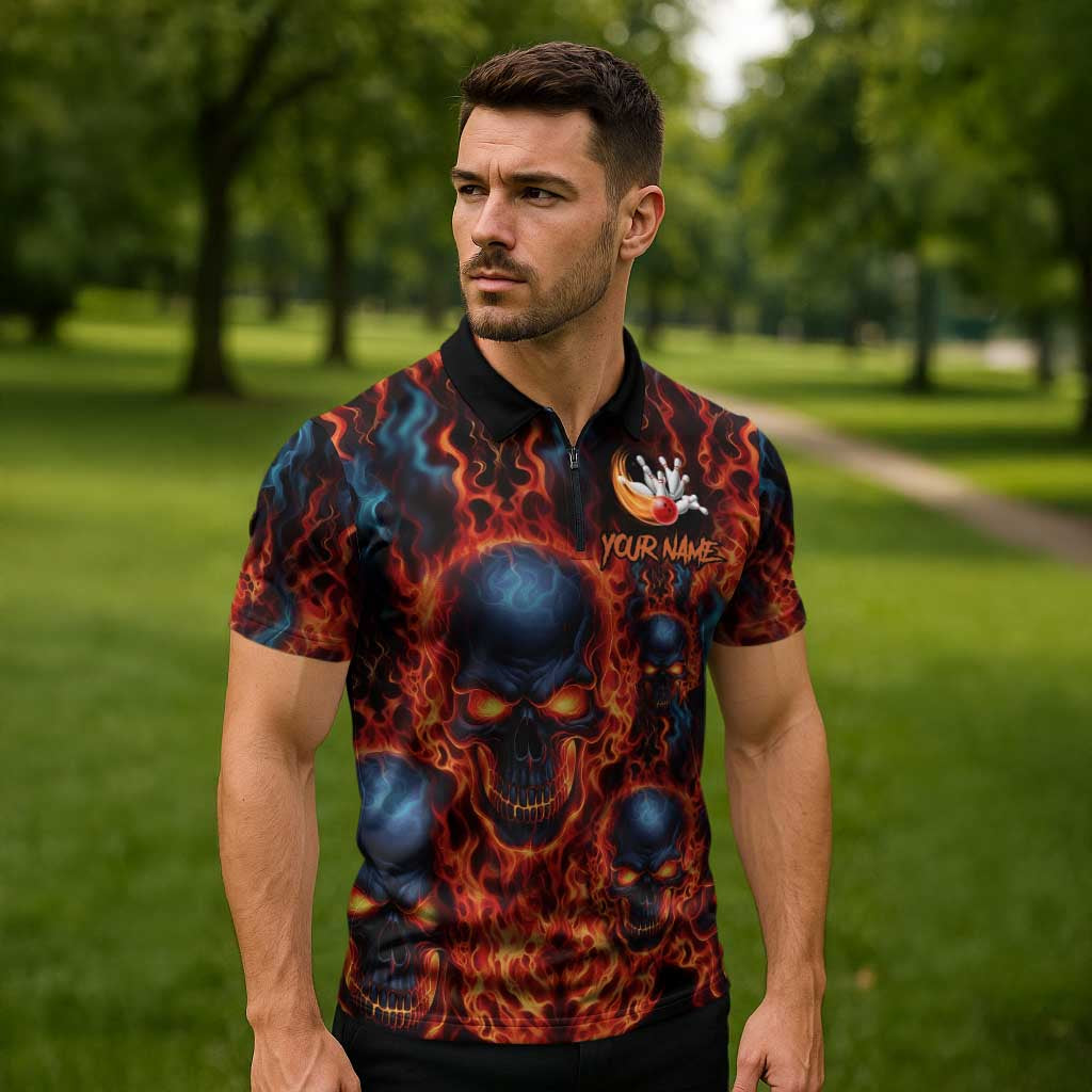Custom Flaming Skull Bowling Zipper Polo Shirt with Fiery Pins and Intense Red Blue Flame Pattern - Wonder Print Shop