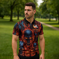 Custom Flaming Skull Bowling Zipper Polo Shirt with Fiery Pins and Intense Red Blue Flame Pattern - Wonder Print Shop