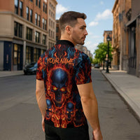 Custom Flaming Skull Bowling Zipper Polo Shirt with Fiery Pins and Intense Red Blue Flame Pattern - Wonder Print Shop
