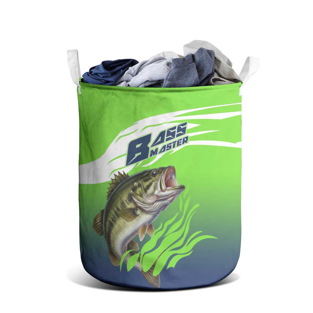 Bass Master Fishing Laundry Basket with Jumping Largemouth Bass and Green Wave Pattern - Wonder Print Shop