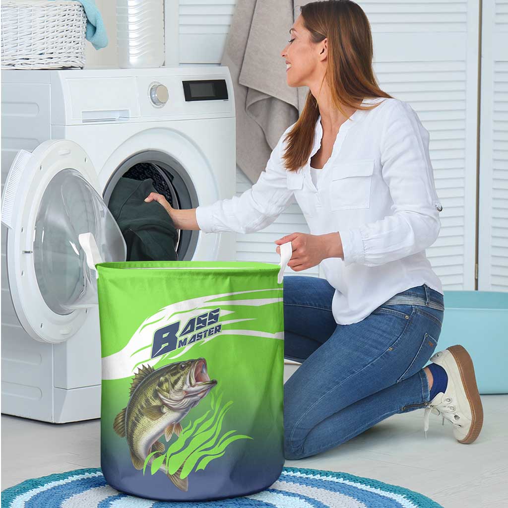 Bass Master Fishing Laundry Basket with Jumping Largemouth Bass and Green Wave Pattern - Wonder Print Shop