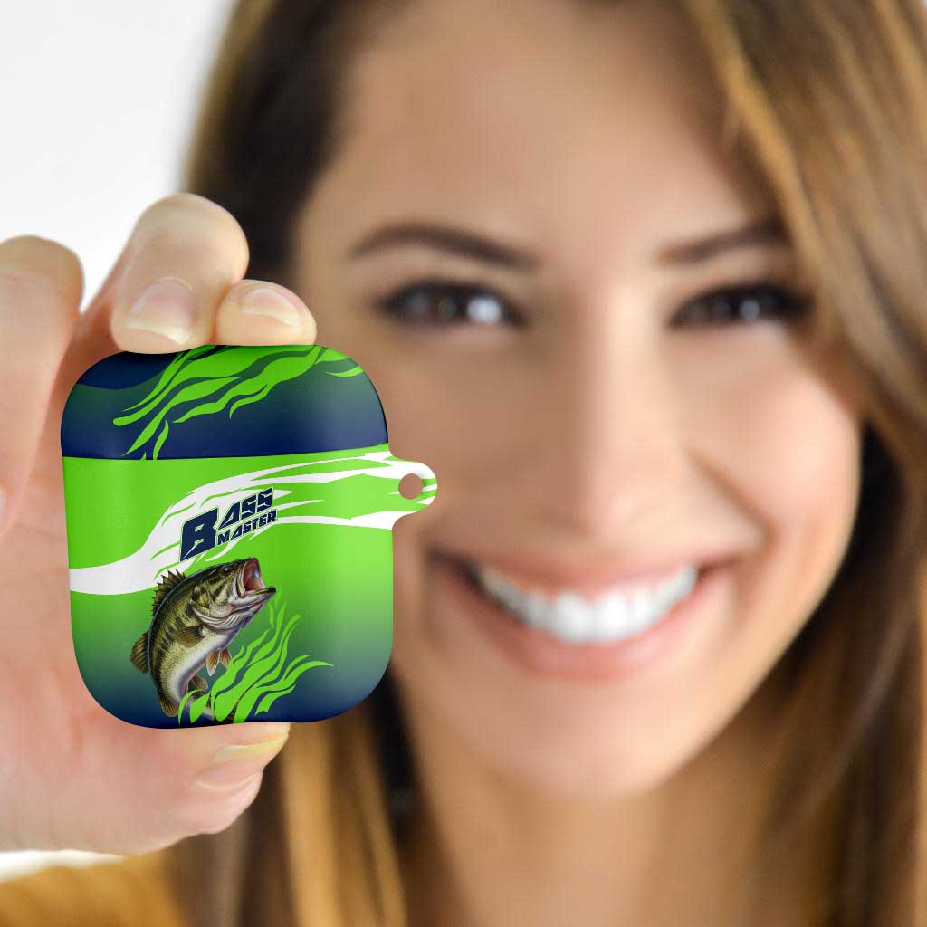 Bass Master Fishing AirPods Case with Jumping Largemouth Bass and Green Wave Pattern - Wonder Print Shop