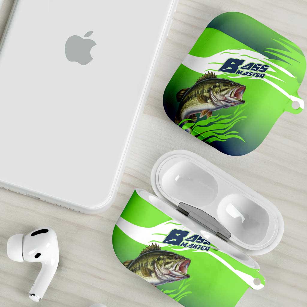 Bass Master Fishing AirPods Case with Jumping Largemouth Bass and Green Wave Pattern - Wonder Print Shop