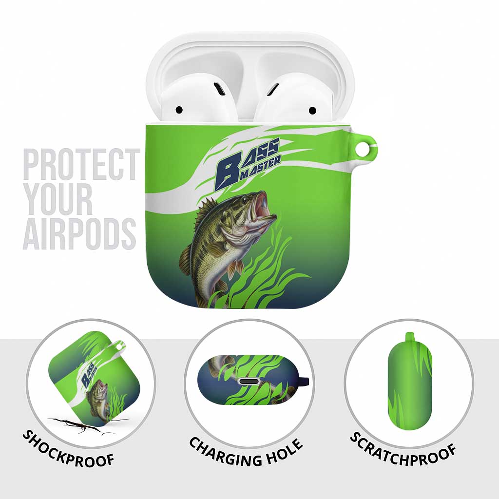 Bass Master Fishing AirPods Case with Jumping Largemouth Bass and Green Wave Pattern - Wonder Print Shop