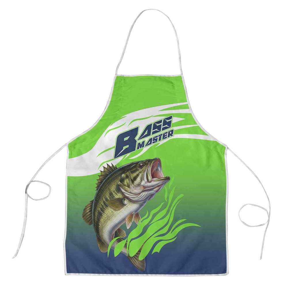 Bass Master Fishing Apron with Jumping Largemouth Bass and Green Wave Pattern - Wonder Print Shop