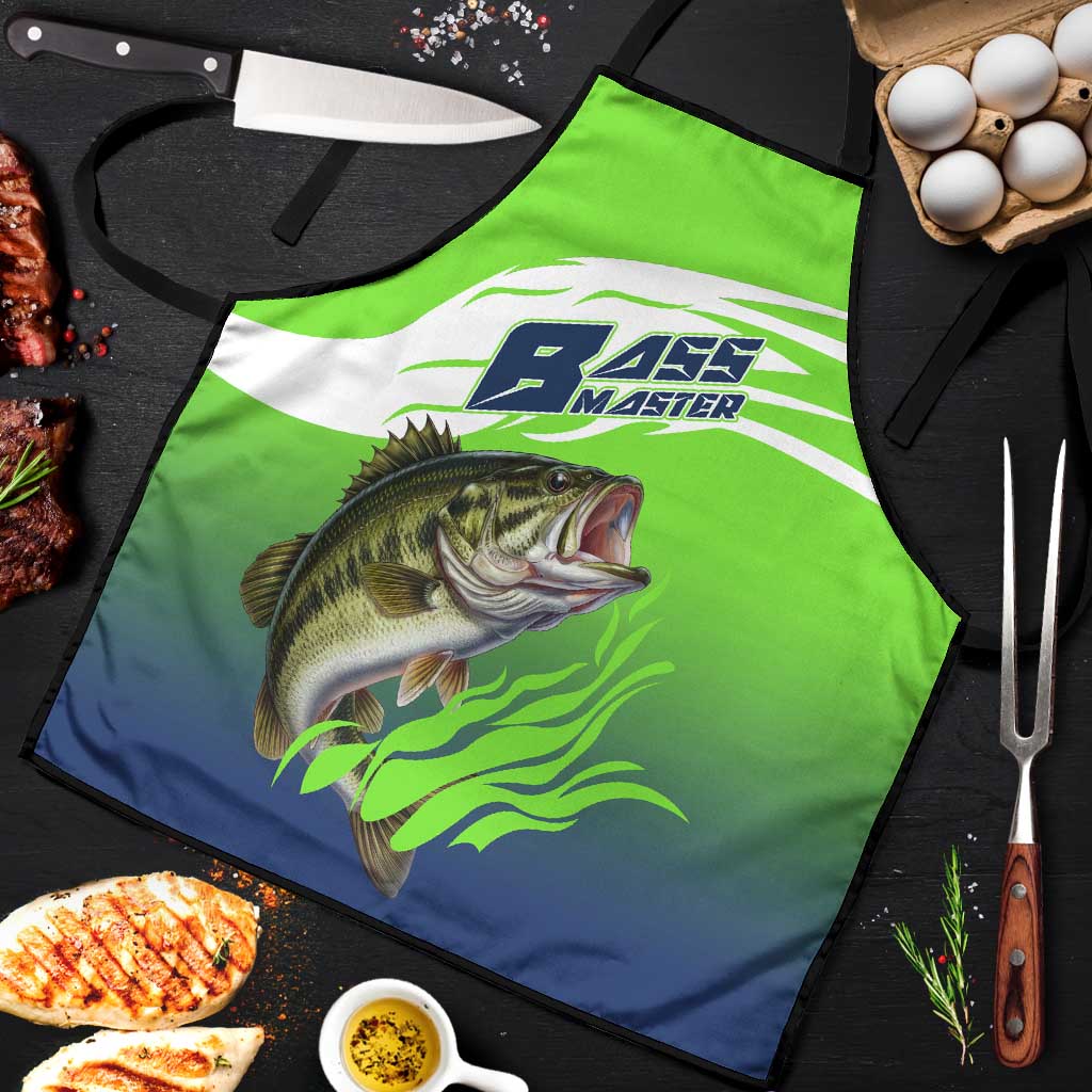 Bass Master Fishing Apron with Jumping Largemouth Bass and Green Wave Pattern - Wonder Print Shop