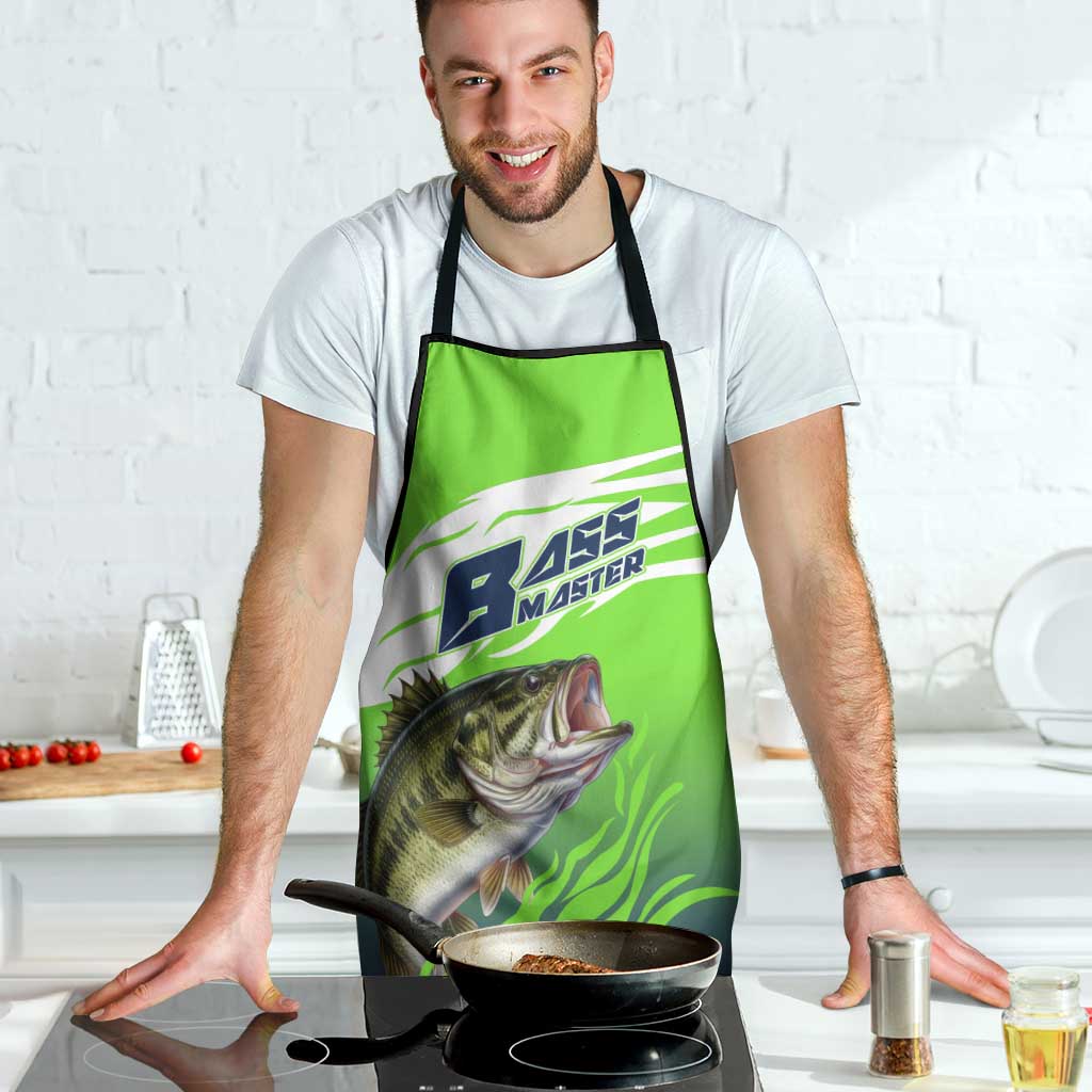 Bass Master Fishing Apron with Jumping Largemouth Bass and Green Wave Pattern - Wonder Print Shop