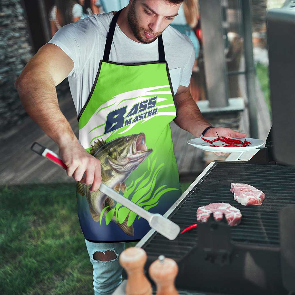 Bass Master Fishing Apron with Jumping Largemouth Bass and Green Wave Pattern - Wonder Print Shop