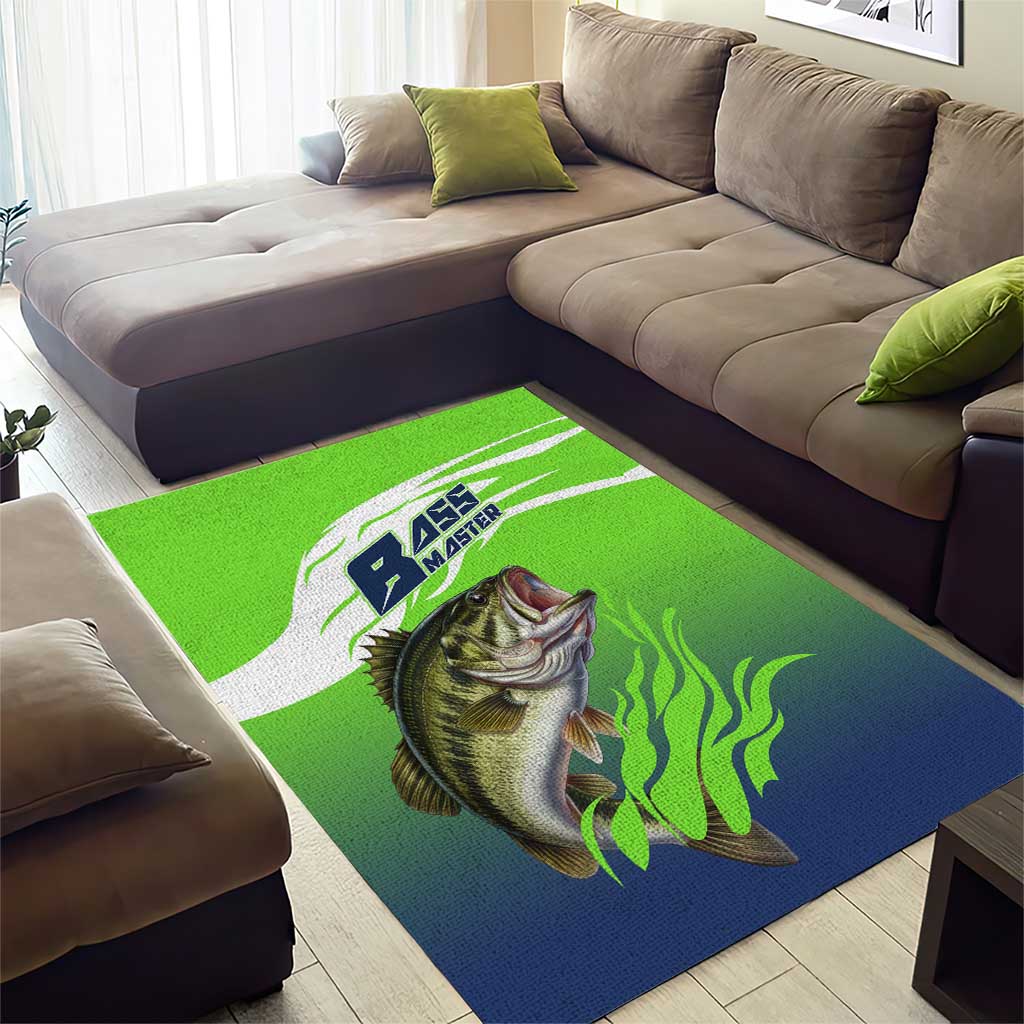 Bass Master Fishing Area Rug with Jumping Largemouth Bass and Green Wave Pattern - Wonder Print Shop