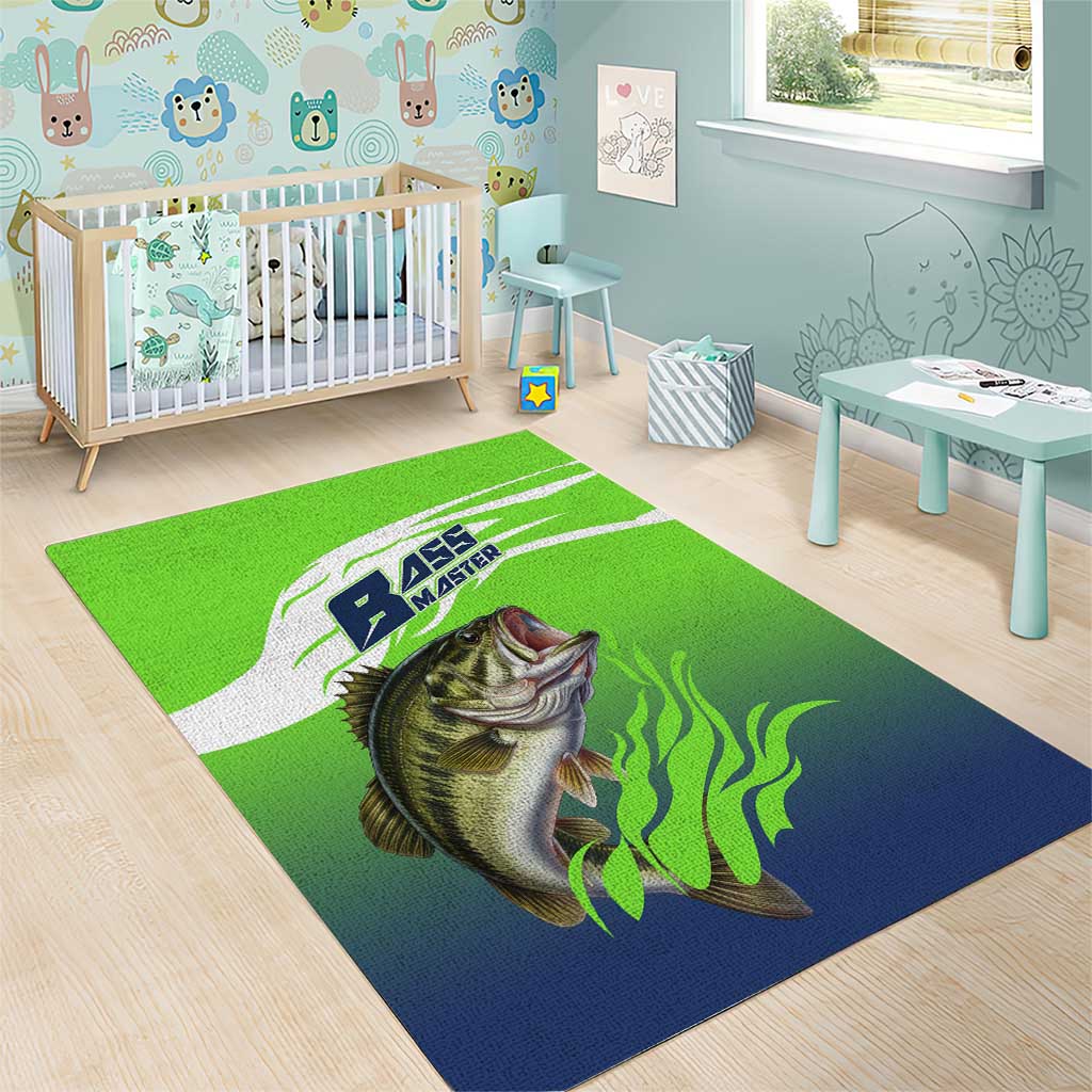 Bass Master Fishing Area Rug with Jumping Largemouth Bass and Green Wave Pattern - Wonder Print Shop