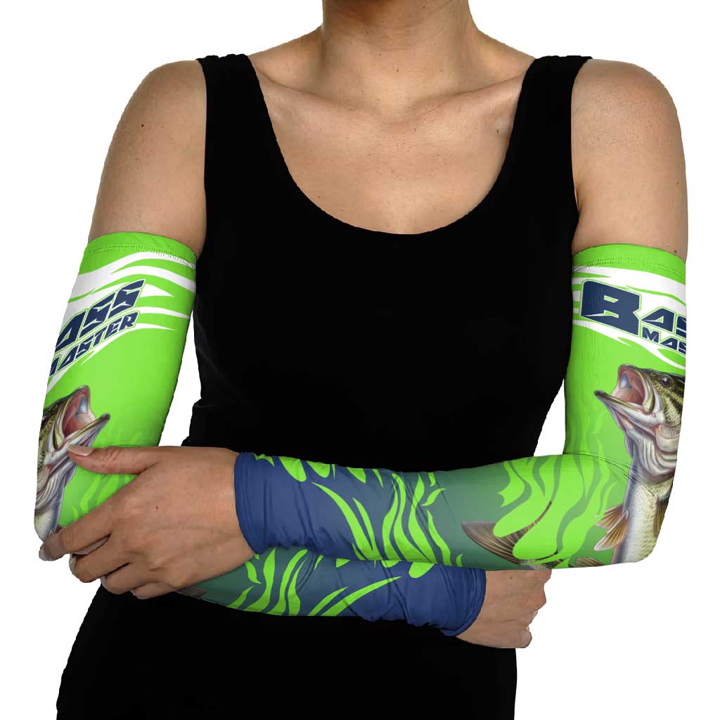 Bass Master Fishing Arm Sleeves with Jumping Largemouth Bass and Green Wave Pattern - Wonder Print Shop