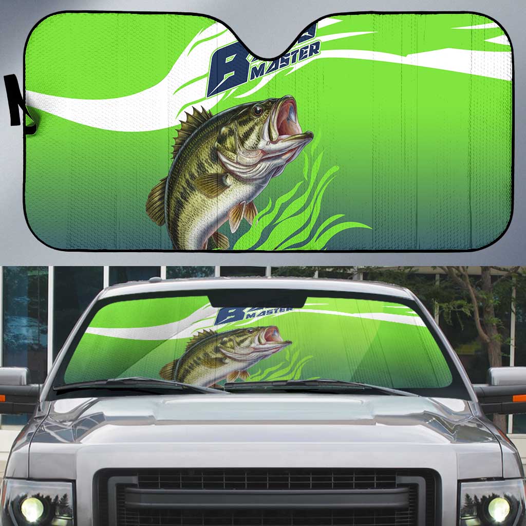Bass Master Fishing Auto Sun Shade with Jumping Largemouth Bass and Green Wave Pattern - Wonder Print Shop