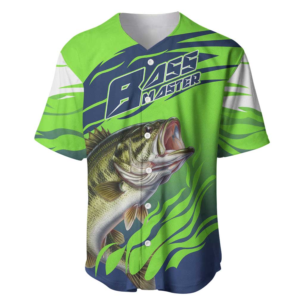 Bass Master Fishing Baseball Jersey with Jumping Largemouth Bass and Green Wave Pattern - Wonder Print Shop
