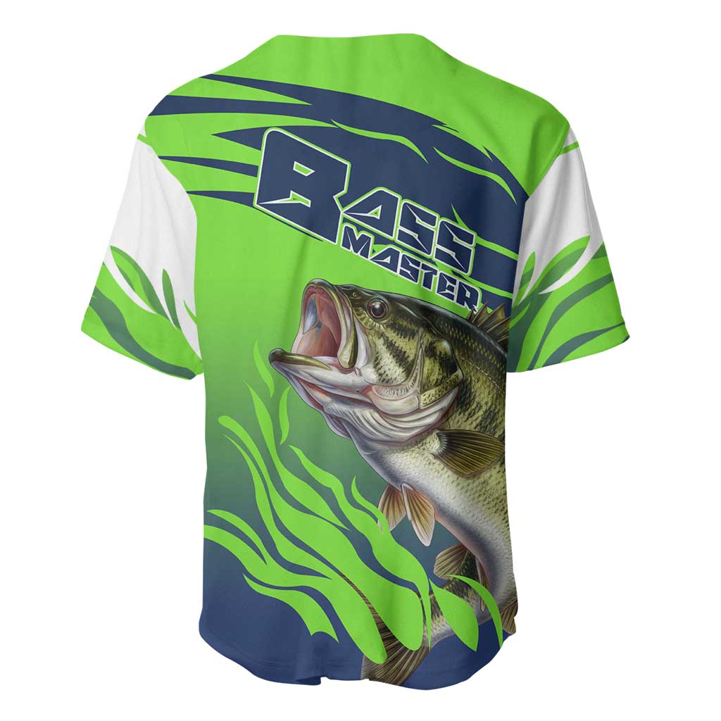 Bass Master Fishing Baseball Jersey with Jumping Largemouth Bass and Green Wave Pattern - Wonder Print Shop