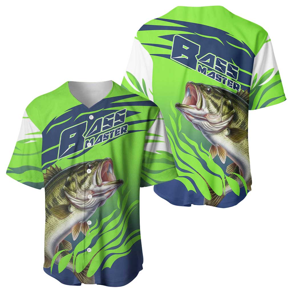 Bass Master Fishing Baseball Jersey with Jumping Largemouth Bass and Green Wave Pattern - Wonder Print Shop