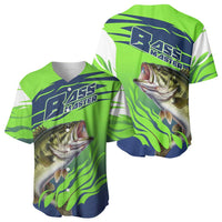 Bass Master Fishing Baseball Jersey with Jumping Largemouth Bass and Green Wave Pattern - Wonder Print Shop